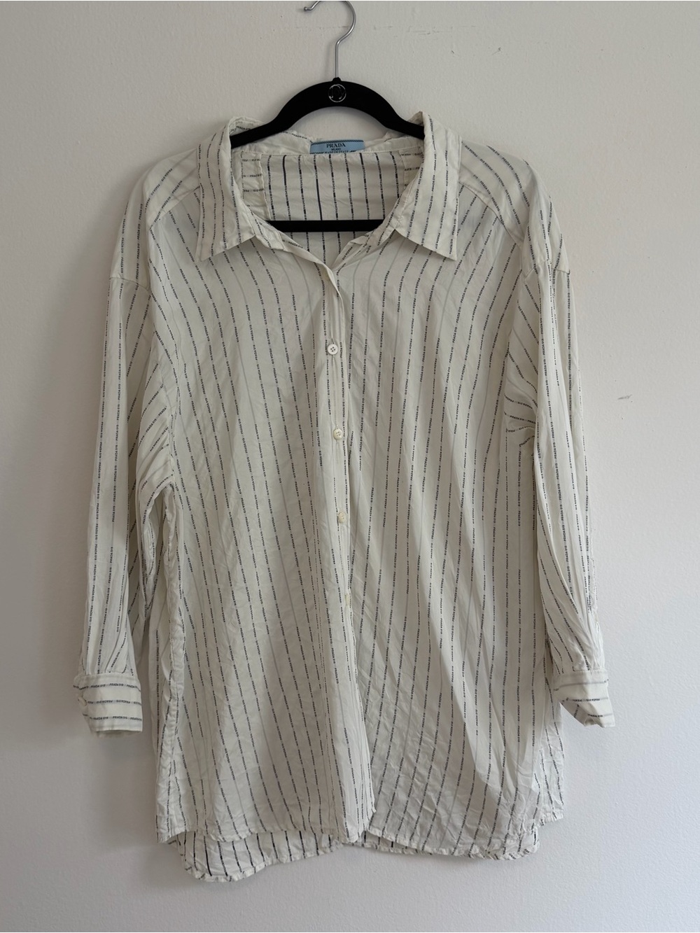 Prada Cream Button-Down Silk Blouse with Dark Blue Pinstripes